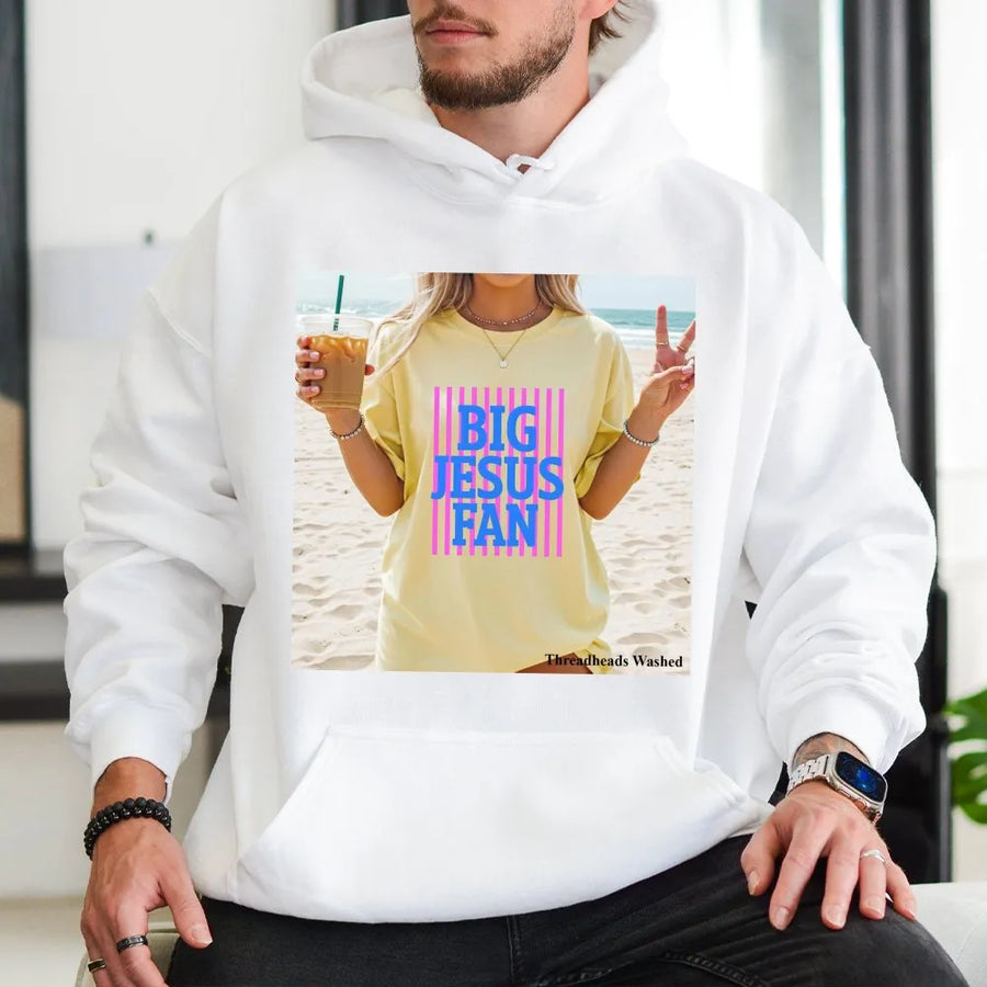 Big Jesus Fan Hoodie | Preppy Striped Christian Graphic | Premium Cotton Blend | Inspirational Faith Gift for Women