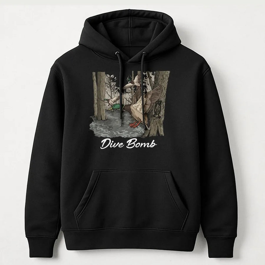 Dive Bomb Duck Hunting Hoodie | Funny Waterfowl Graphic Pullover | Premium Cotton Blend | Gift for Hunter and Outdoorsman