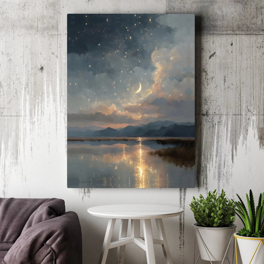 Starry Night Lake Canvas Print | Crescent Moon Mountain Landscape Wall Art | Gallery Quality Premium Decor | Serene Nature Artwork for Home Office