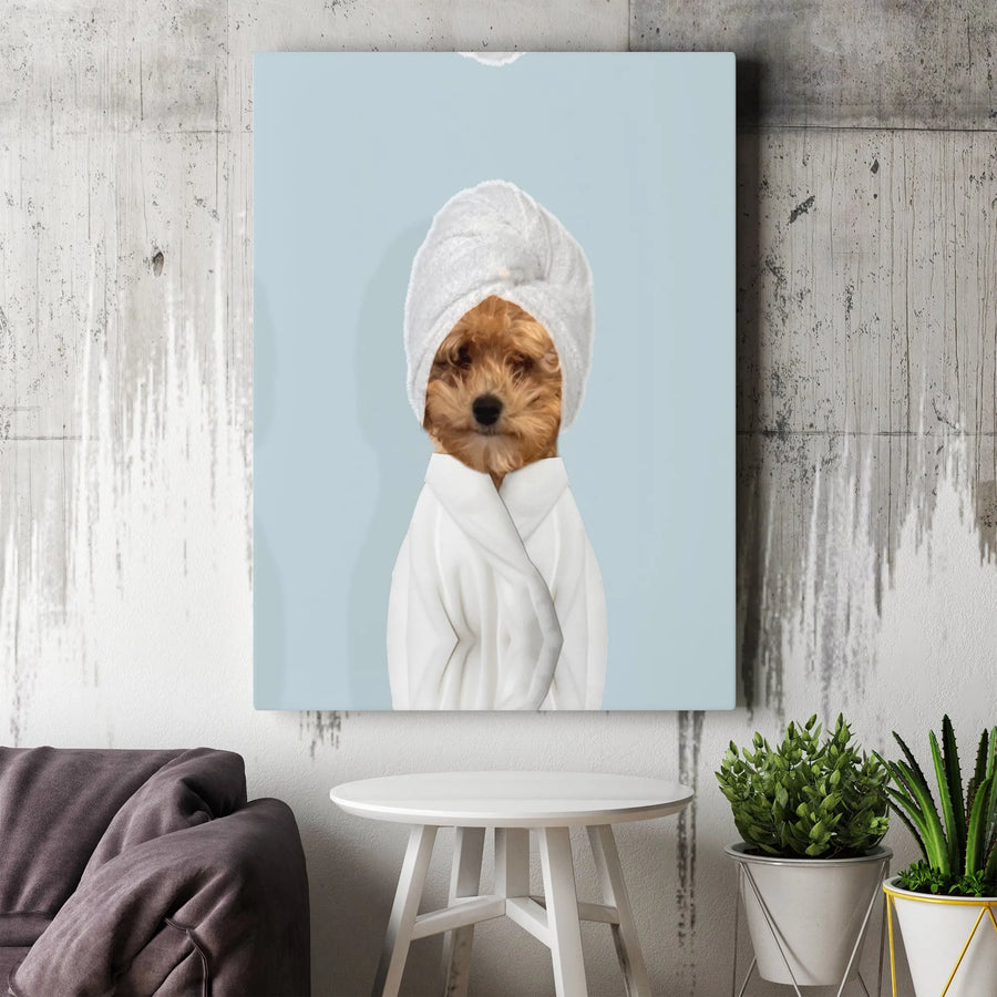 Dog in Spa Robe Wall Art | Funny Puppy Portrait in Bathrobe | Premium Gallery Wrapped Canvas | Whimsical Bathroom Decor Gift for Dog Lovers