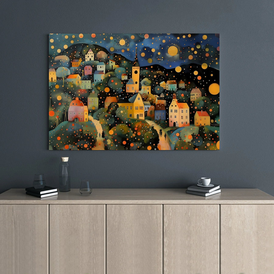Whimsical Village Canvas Wall Art | Colorful Night Town Landscape | Premium Gallery Wrap 1.25" Frame | Enchanting Home Decor Gift