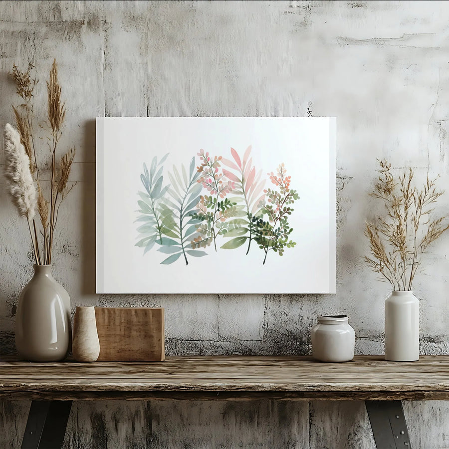 Botanical Watercolor Canvas Wall Art | Minimalist Pastel Greenery Print | Premium Gallery Wrap Canvas | Modern Living Room Decor Gift for Her