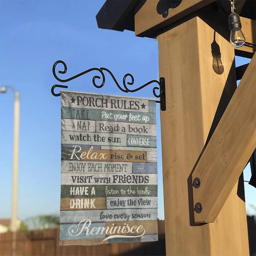 Porch Rules Garden Flag | Rustic Wood Plank Slogan Sign | Double-Sided Weather Resistant Polyester | Outdoor Yard Decor & Housewarming Gift