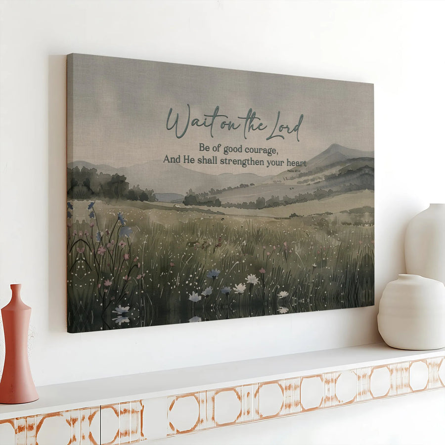 Christian Wall Art Canvas | Psalm 27:14 Watercolor Wildflower Art | Premium Canvas Print | Inspirational Christian Home Decor Gift