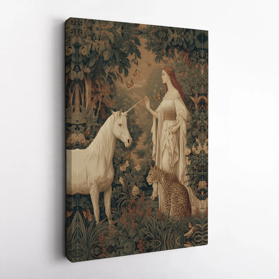 Unicorn and Lady Wall Art | Medieval Fantasy Forest Tapestry Canvas | Premium Gallery Wrap Print | Whimsical Home Decor Gift for Fantasy Lovers