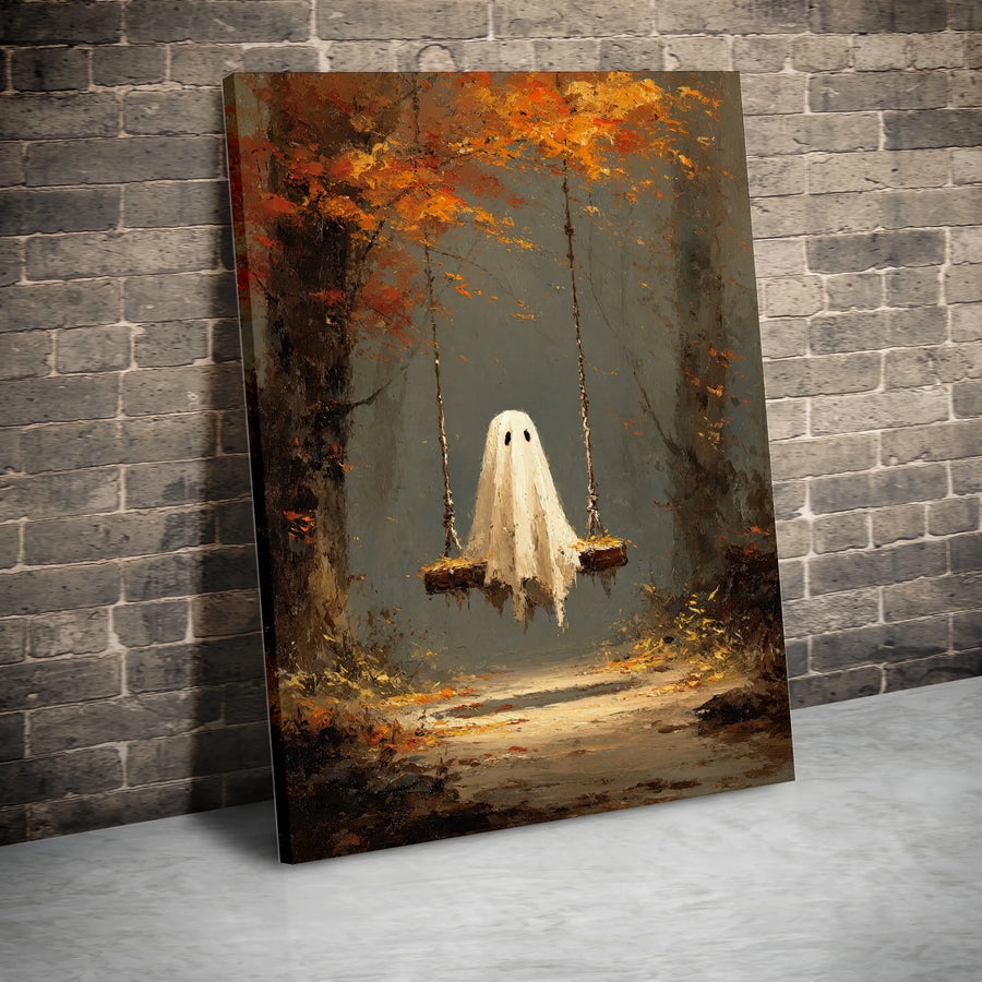 Ghost Canvas Wall Art | Autumn Forest Swing Painting | Premium Gallery Wrapped Decor | Spooky Halloween Home Gift