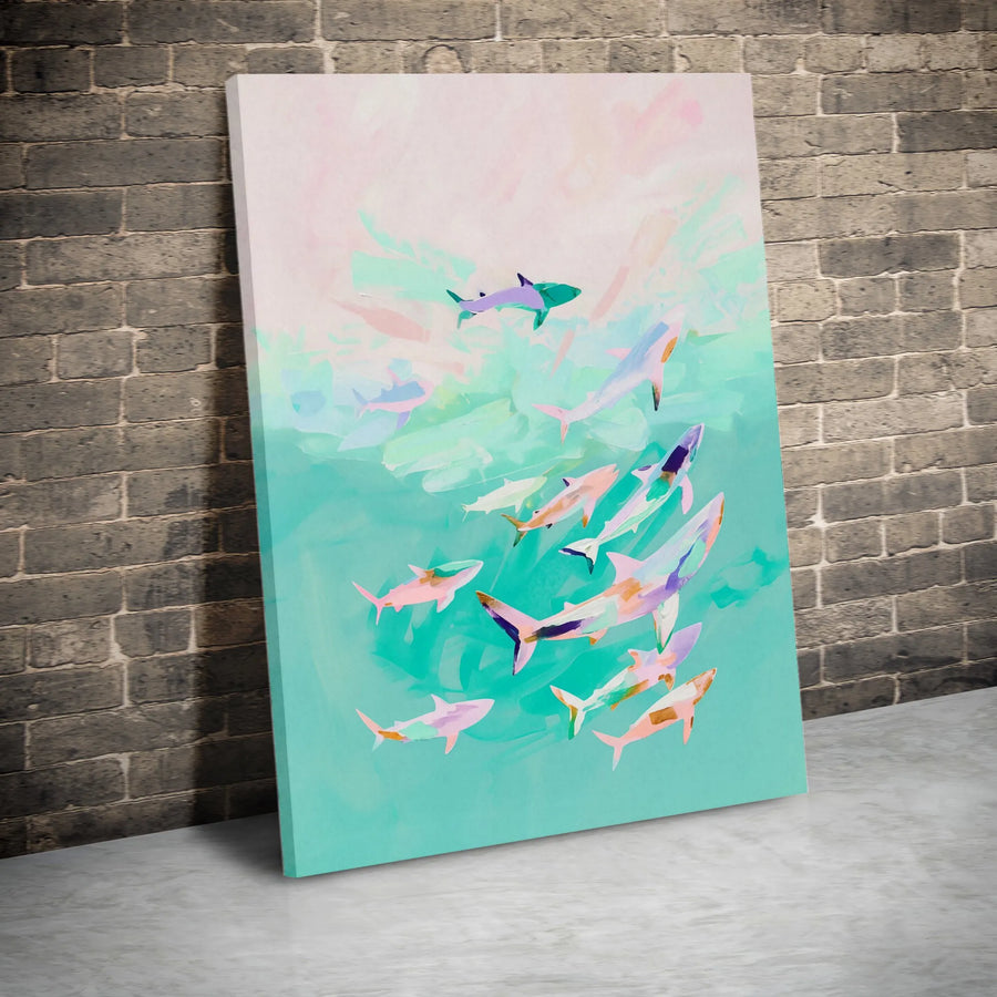 Pastel Shark School Canvas Wall Art | Abstract Ocean Marine Life Print | Premium Gallery Wrapped 1.25" Profile | Modern Coastal Home Decor Gift