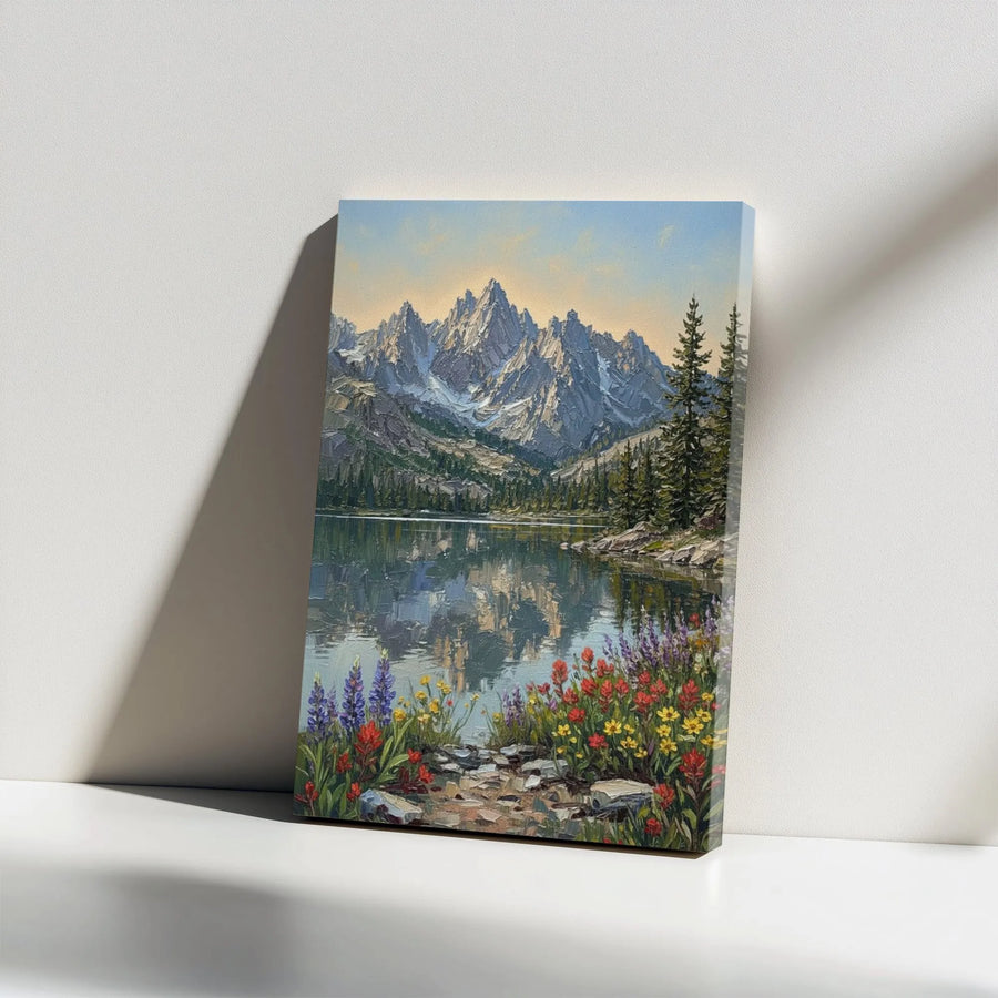 Mountain Lake Canvas Wall Art | Textured Wildflower Painting Print | Premium 1.25" Thick Gallery Wrap | Rustic Cabin Decor Gift for Nature Lovers