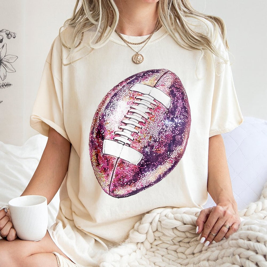 Pink Glitter Football T-Shirt | Sparkling Mosaic Sports Graphic | Premium 100% Cotton | Game Day Apparel for Football Moms and Fans