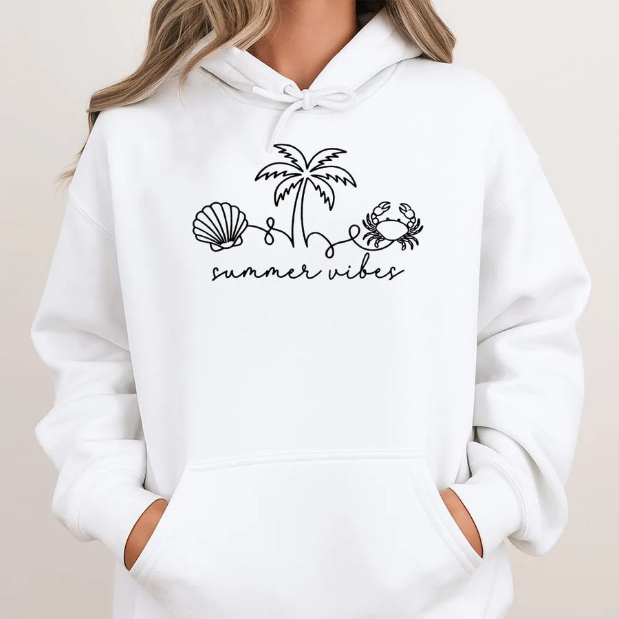 Summer Vibes Hoodie | Minimalist Beach Graphic with Seashell & Crab | Soft Cotton Blend Pullover | Coastal Vacation Gift for Her