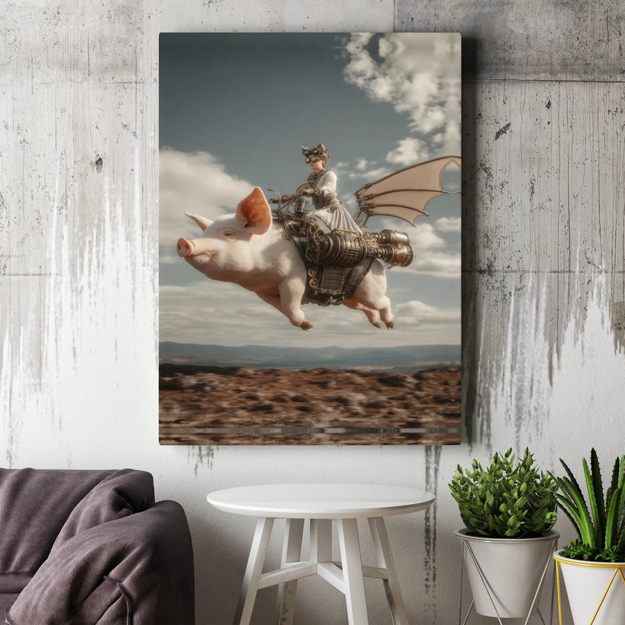 Steampunk Flying Pig Canvas | Whimsical Mechanical Animal Art | Premium Gallery Wrap Wall Decor | Unique Gift for Fantasy Fans