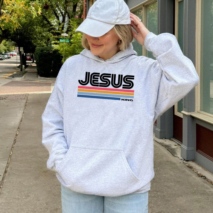 Jesus King Hoodie | Retro 70s Striped Christian Graphic | Premium Cotton-Poly Blend | Faith-Based Religious Gift for Men and Women