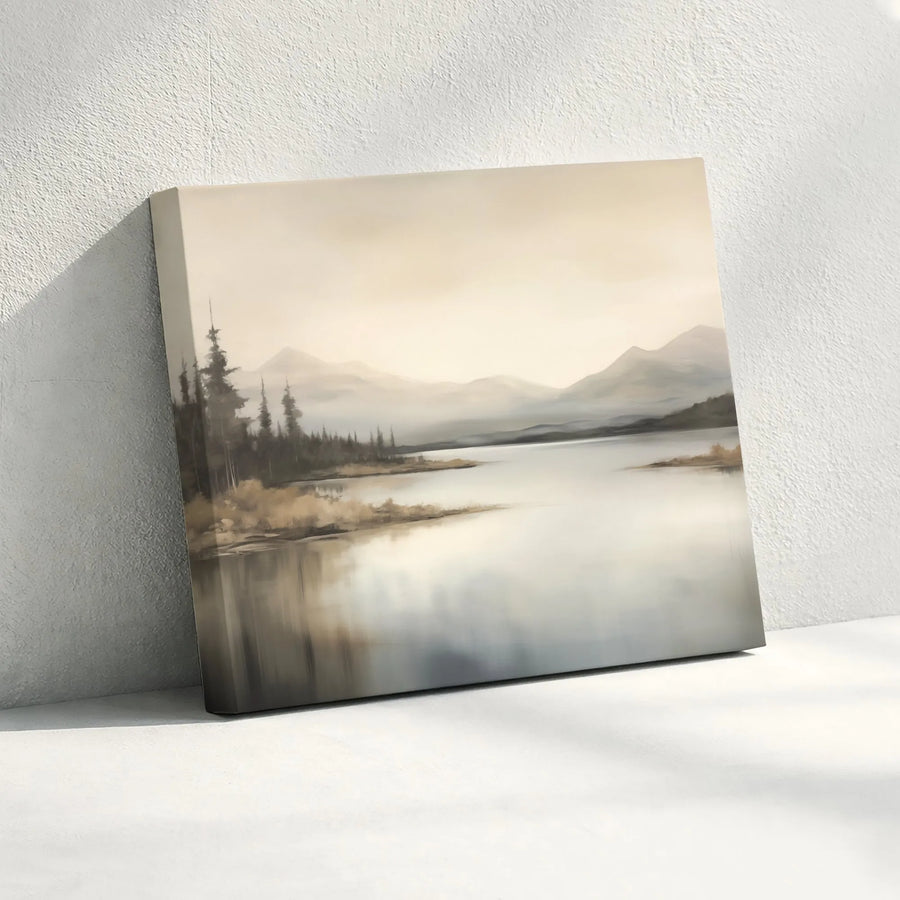 Neutral Landscape Canvas Print | Misty Mountain Lake Wall Art | Gallery Quality Fade-Resistant Decor | Modern Minimalist Home Office Gift