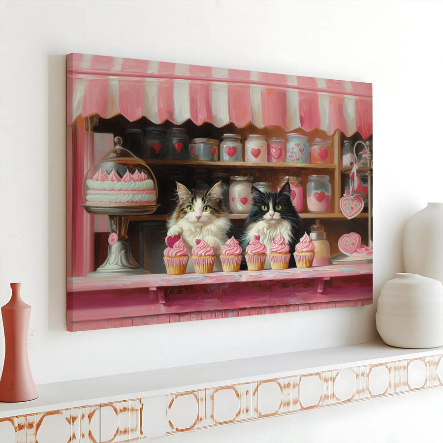 Whimsical Cat Bakery Canvas Wall Art | Kittens Selling Cupcakes Painting | Premium Fade-Resistant Print | Unique Gift for Cat Lovers & Nursery Decor