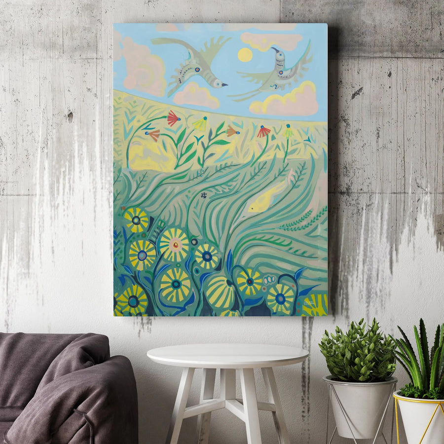 Folk Art Bird Canvas Print | Wildflower Meadow Landscape Art | Premium 1.25" Gallery Wrapped Canvas | Nature Wall Decor Gift for Home Office
