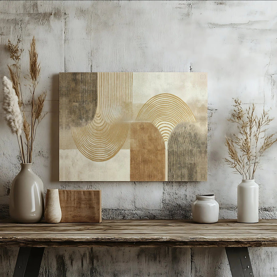 Abstract Geometric Canvas Wall Art | Mid Century Modern Arches with Gold Lines | Premium Gallery Wrapped Decor | Neutral Home Office Decor Gift