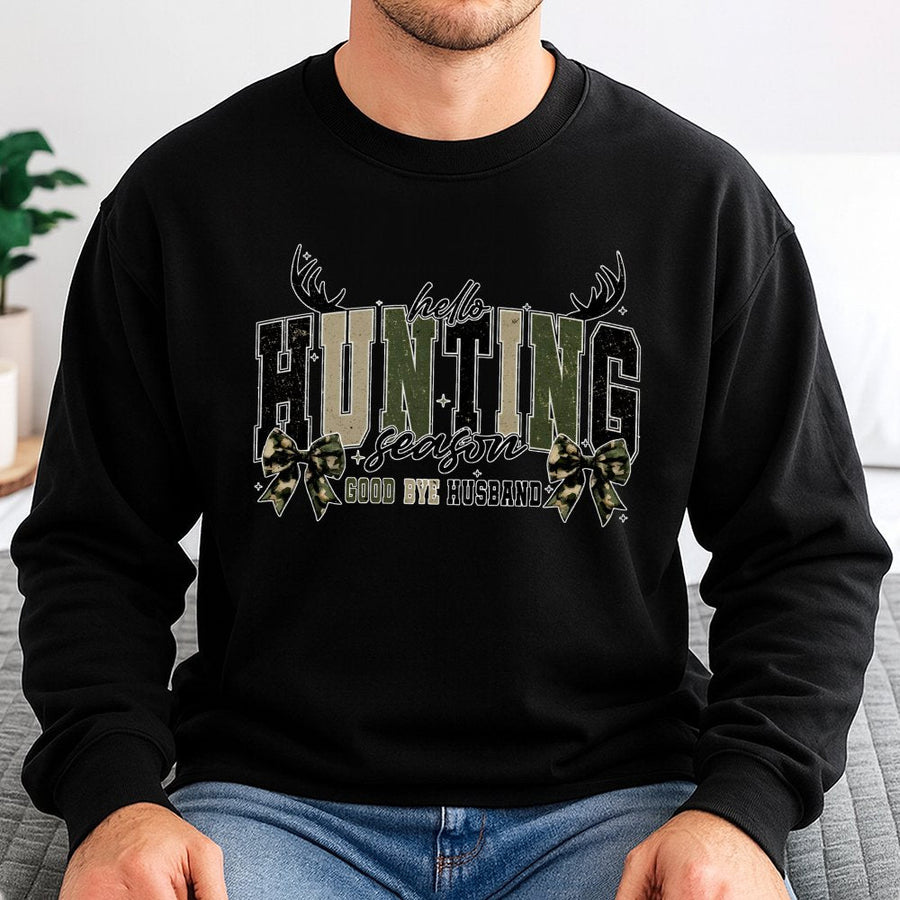 Hello Hunting Season Goodbye Husband Sweatshirt | Camo Coquette Bow Graphic | Premium Cotton Blend | Funny Hunter Wife Gift For Fall