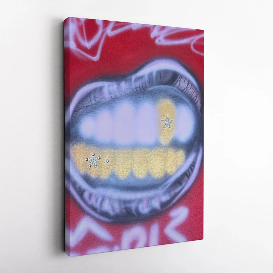 Graffiti Lips Wall Art | Gold Teeth Grillz Urban Decor | Gallery Wrap Canvas Print | Street Style Home Decor Gift for Him