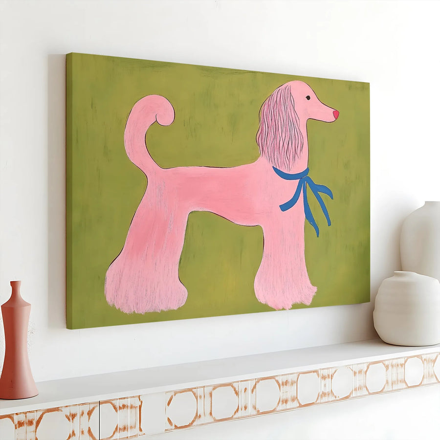 Pink Poodle Wall Art Canvas | Whimsical Dog Portrait with Blue Ribbon | Premium Gallery Wrap Decor | Gift for Dog Lovers & Pet Owners