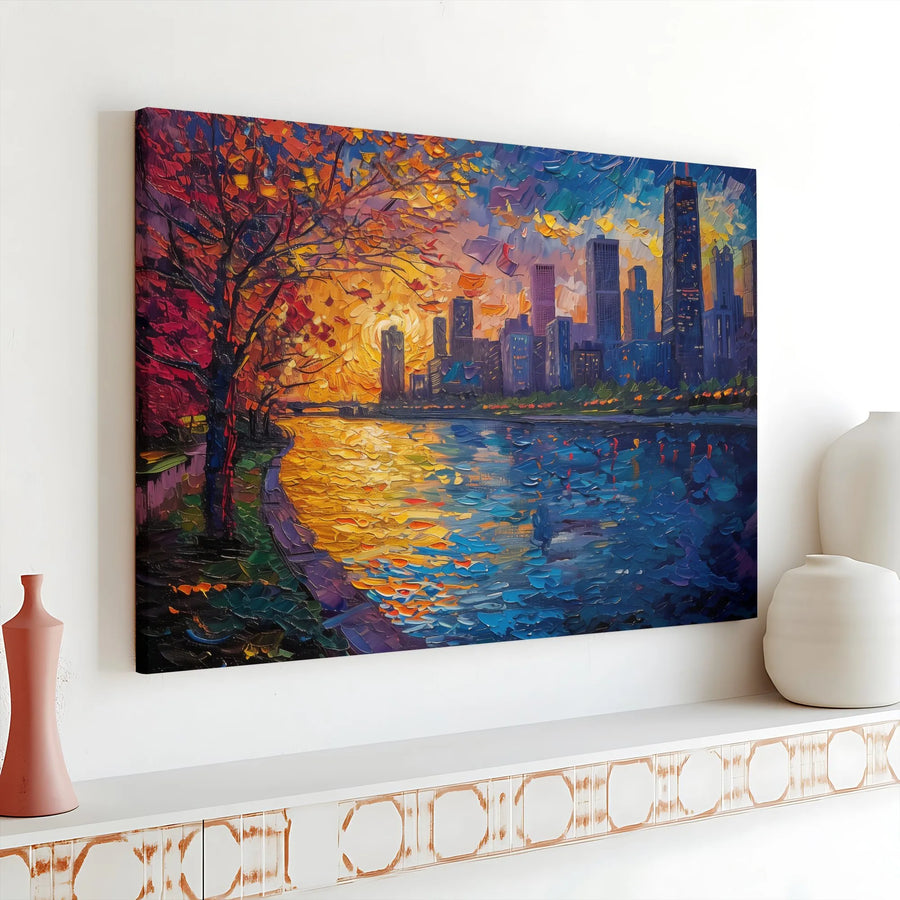 Abstract Cityscape Canvas Wall Art | Impressionist Sunset Painting Print | Premium Textured Art | Modern Urban Home Decor Gift