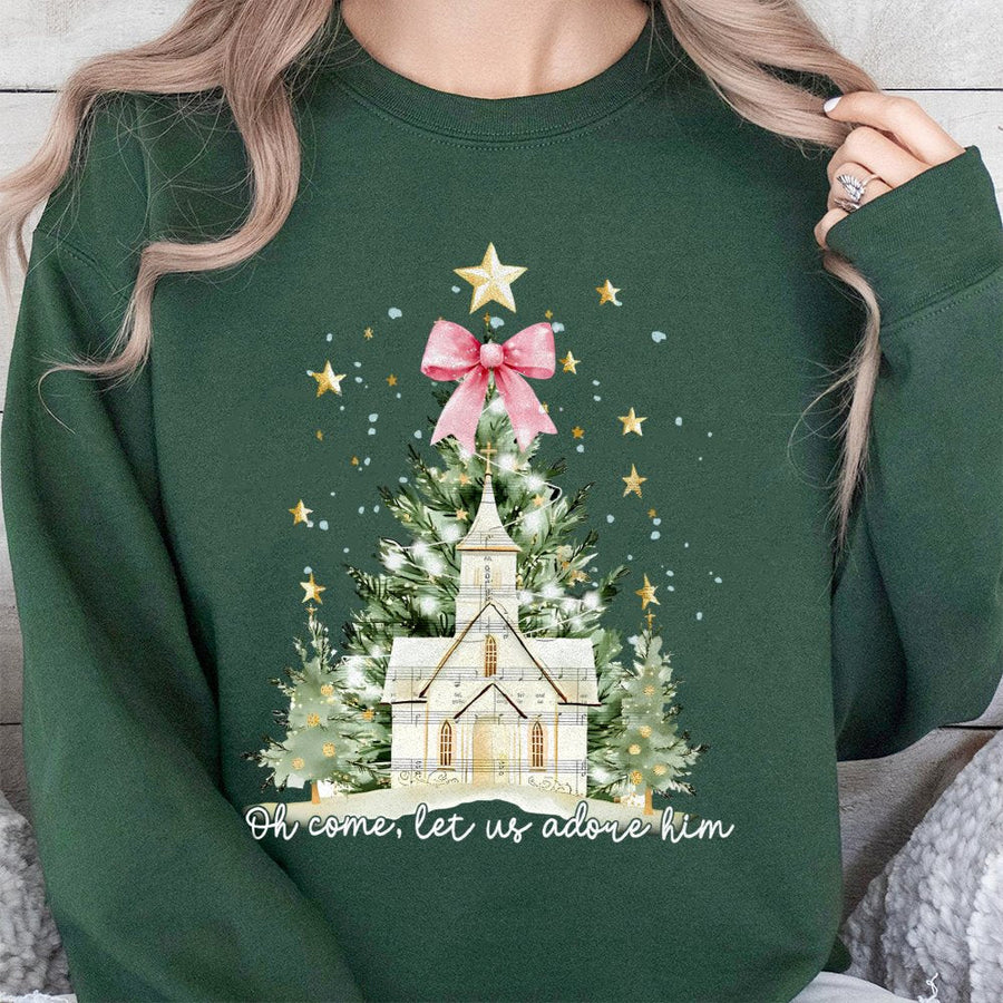 Oh Come Let Us Adore Him Sweatshirt | Watercolor Church Christmas Tree Design | Premium Cotton Blend Crewneck | Religious Holiday Gift for Women