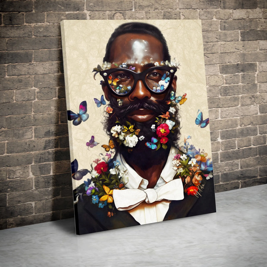 Black Man Butterfly Canvas Print | Surreal Floral Beard Portrait | Premium Gallery Wrapped Wall Art | Modern Afrocentric Home Decor Gift