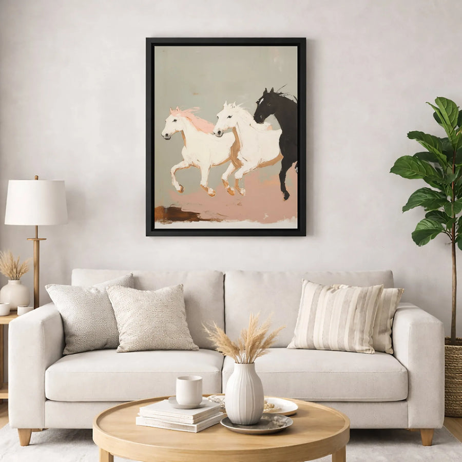 Running Horse Canvas Wall Art | Abstract Equine Trio Painting | Premium Gallery Wrapped Print | Modern Farmhouse Living Room Decor Gift