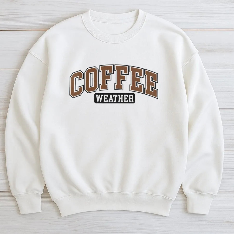 Coffee Weather Sweatshirt | Vintage Varsity Letter Graphic | Soft Cotton Blend Premium Fleece | Cozy Fall Winter Gift For Coffee Lovers