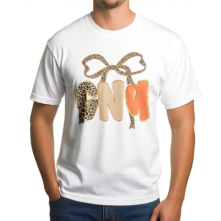 CNA T-Shirt | Leopard Print Bow Aesthetic Design | Premium Cotton Apparel | Cute Nursing Student Gift & Healthcare Worker Apparel