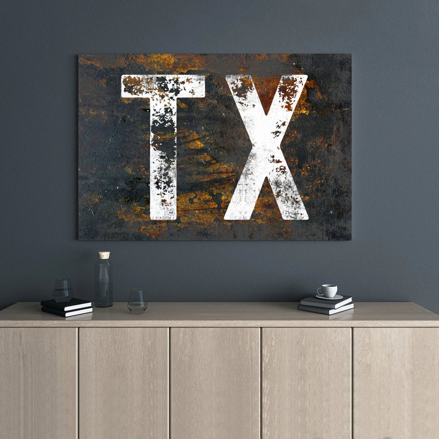 Texas Wall Art | Rustic Metal Texture TX Abbreviation | Gallery Wrapped Canvas Decor | Premium State Pride Gift for Office or Home