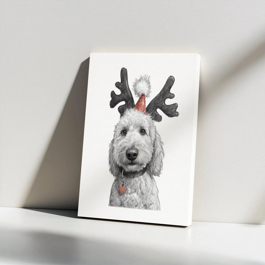 Goldendoodle Christmas Wall Art | Pencil Sketch Dog with Reindeer Antlers | Premium Gallery Wrap Canvas | Festive Holiday Home Decor Gift