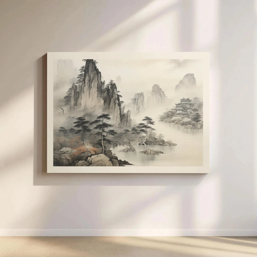 Japanese Ink Wash Painting | Misty Mountain Landscape Wall Art | Premium Canvas Print | Zen Home Decor Gift for Minimalist Office