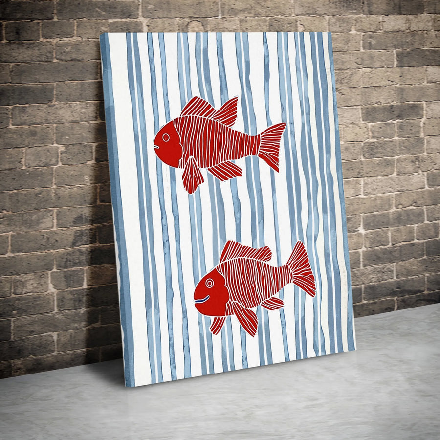 Red Fish Coastal Wall Art | Modern Minimalist Nautical Stripe Print | Premium 1.25" Thick Gallery Canvas | Beach House & Nursery Decor
