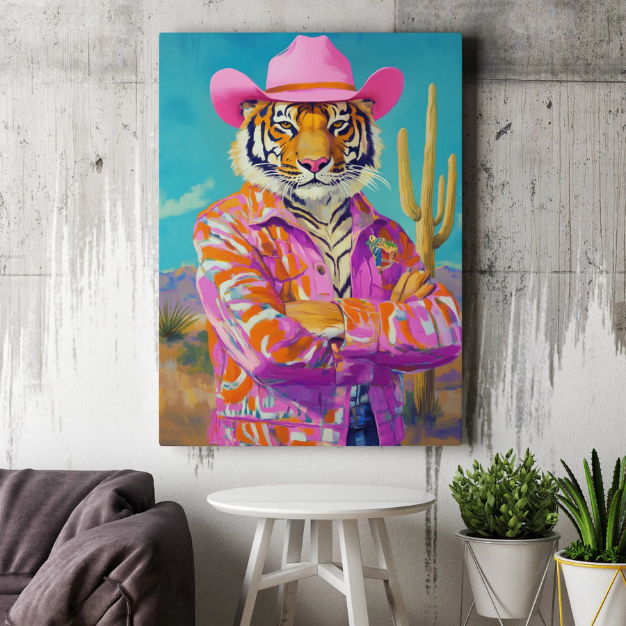 Tiger Cowboy Wall Art | Pink Western Desert Cactus Decor | Premium Gallery Wrapped Canvas | Eclectic Maximalist Gift for Home Office