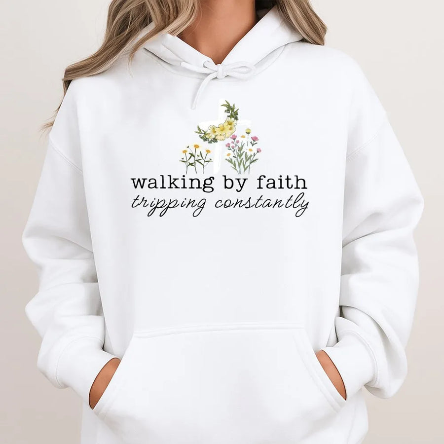 Walking By Faith Hoodie | Funny Christian Floral Cross Graphic | Cozy Unisex Crewneck | Spiritual Bible Verse Gift