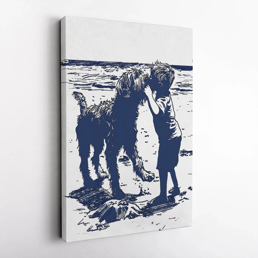 Boy and Dog Beach Art Print | Minimalist Blue Ink Sketch Style | Premium 1.25-Inch Canvas Gallery Wrap | Sentimental Nursery or Home Decor Gift