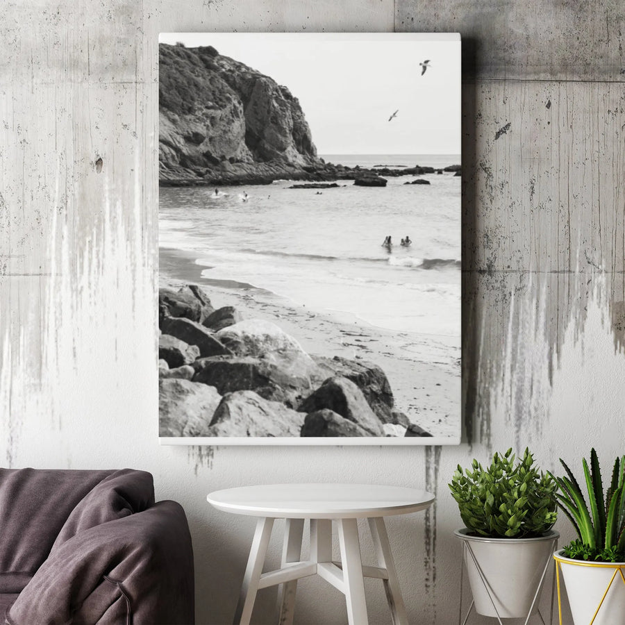 Monochrome Beach Scene Vertical Canvas | Black and White Ocean Photography | Premium Gallery Wrapped Canvas | Coastal Home Decor Gift for Beach Lovers