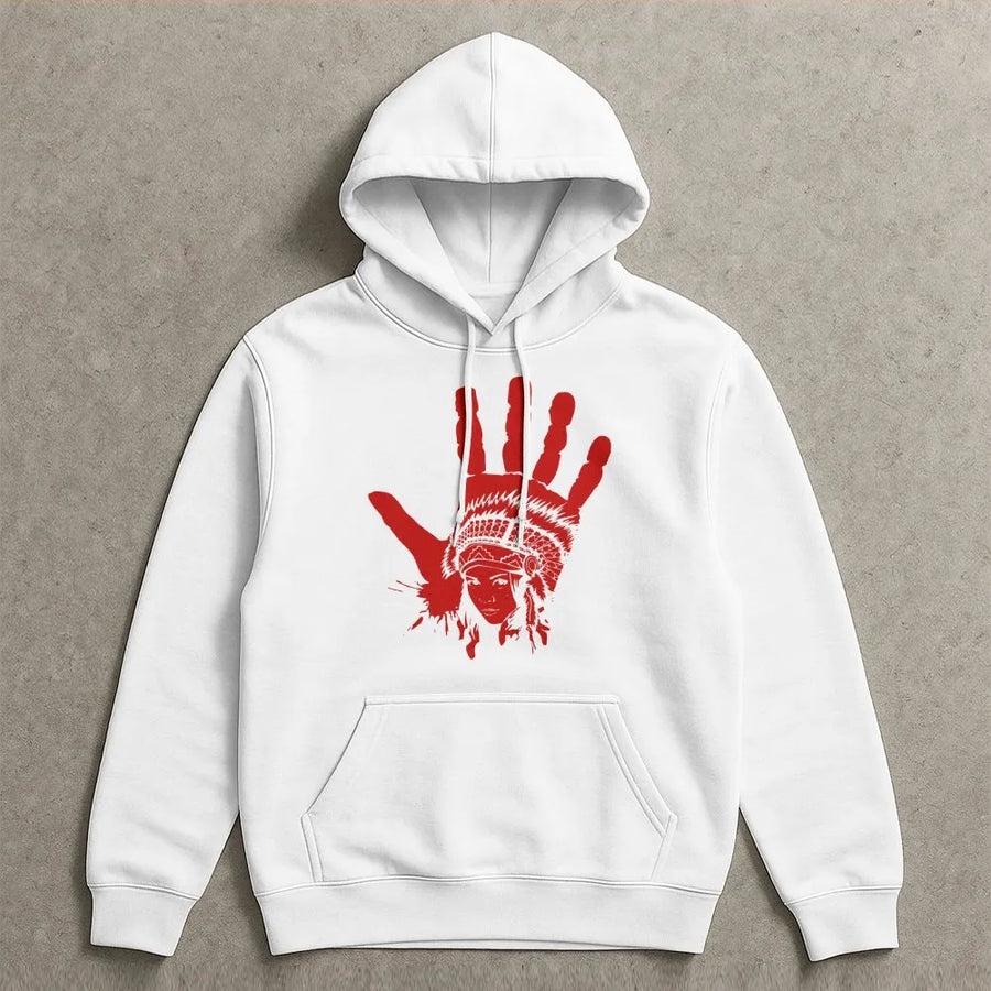 Indigenous Red Hand Hoodie | MMIW Awareness Graphic Print | Premium Cotton Blend | Native American Solidarity Gift for Women and Men