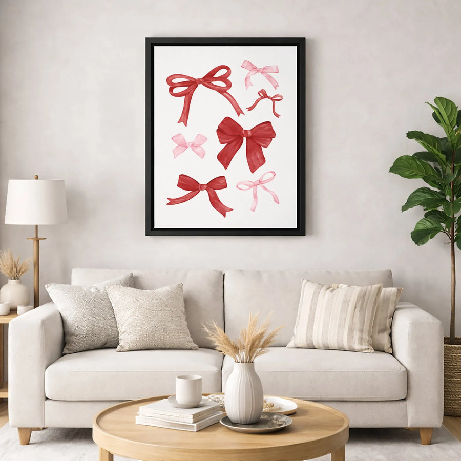 Watercolor Bows Wall Art | Red and Pink Ribbon Aesthetic Decor | Gallery Quality Premium Canvas | Coquette Style Home Gift