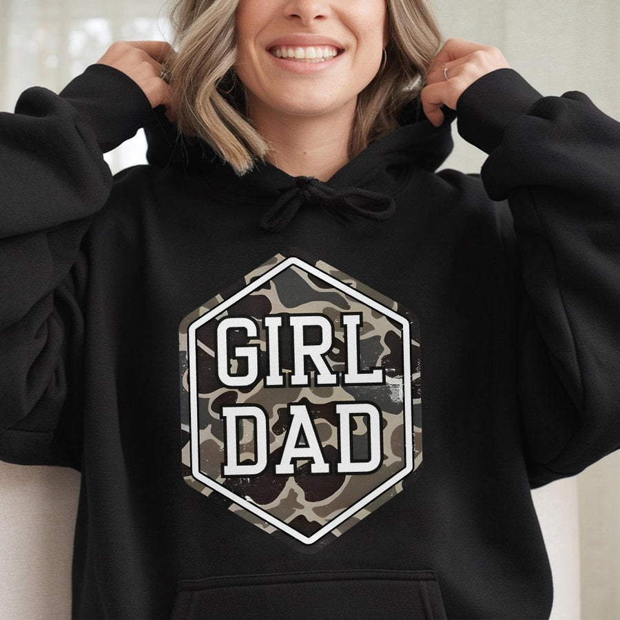 Girl Dad Hoodie | Camo Hexagon Graphic Print | Premium Cotton-Poly Blend | Best Gift for New Dads or Father's Day 2026