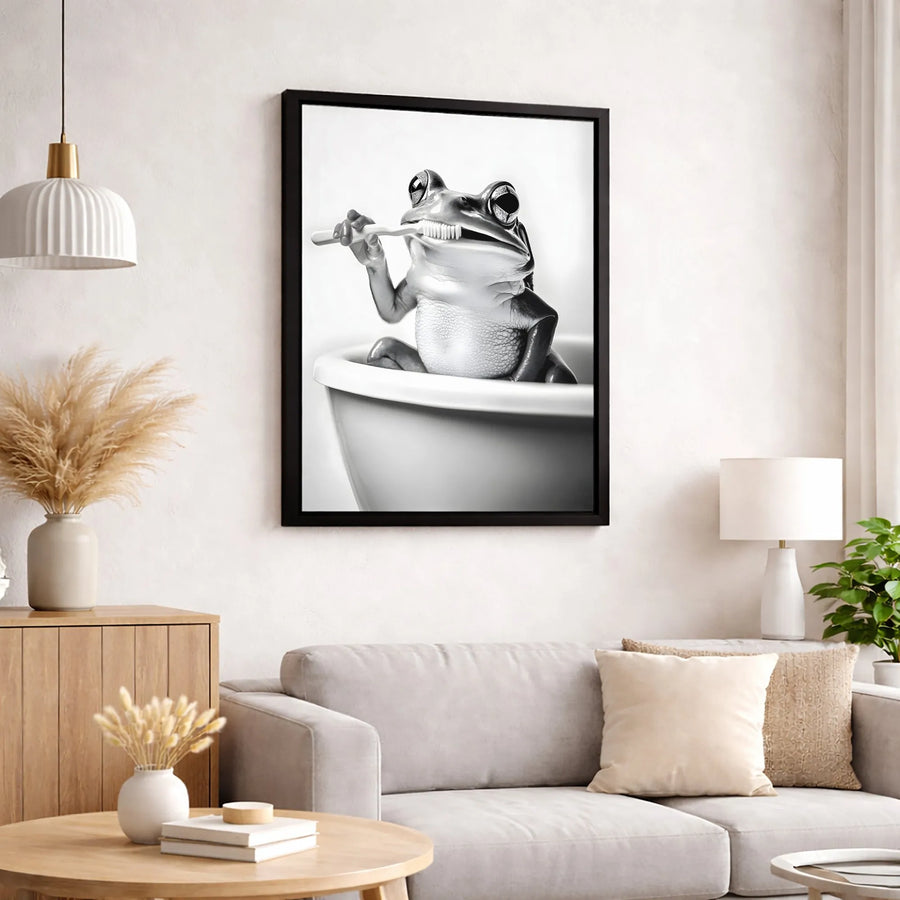 Frog Brushing Teeth Wall Art | Whimsical Bathroom Decor Print | Premium 1.25" Gallery Wrapped Canvas | Funny Animal Poster Gift for Kids or Home