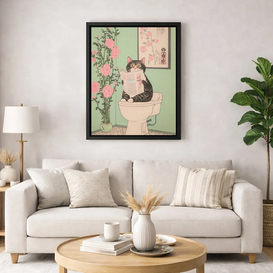 Japanese Cat Wall Art | Ukiyo-E Style Bathroom Decor | Premium Gallery Canvas | Funny Animal Poster Gift for Cat Lovers