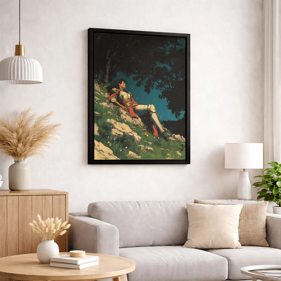 Female Knight Canvas Wall Art | Fantasy Warrior Resting Under Stars | Premium 1.25 Inch Gallery Wrap | Epic Home Decor Gift for RPG Lovers