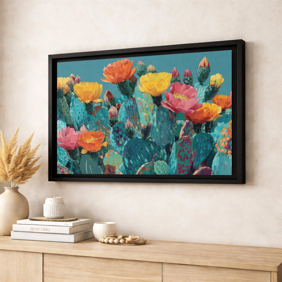 Blooming Prickly Pear Cactus Wall Art | Vibrant Desert Floral Painting | Premium Gallery-Wrap Canvas Print | Southwestern Home Decor Gift