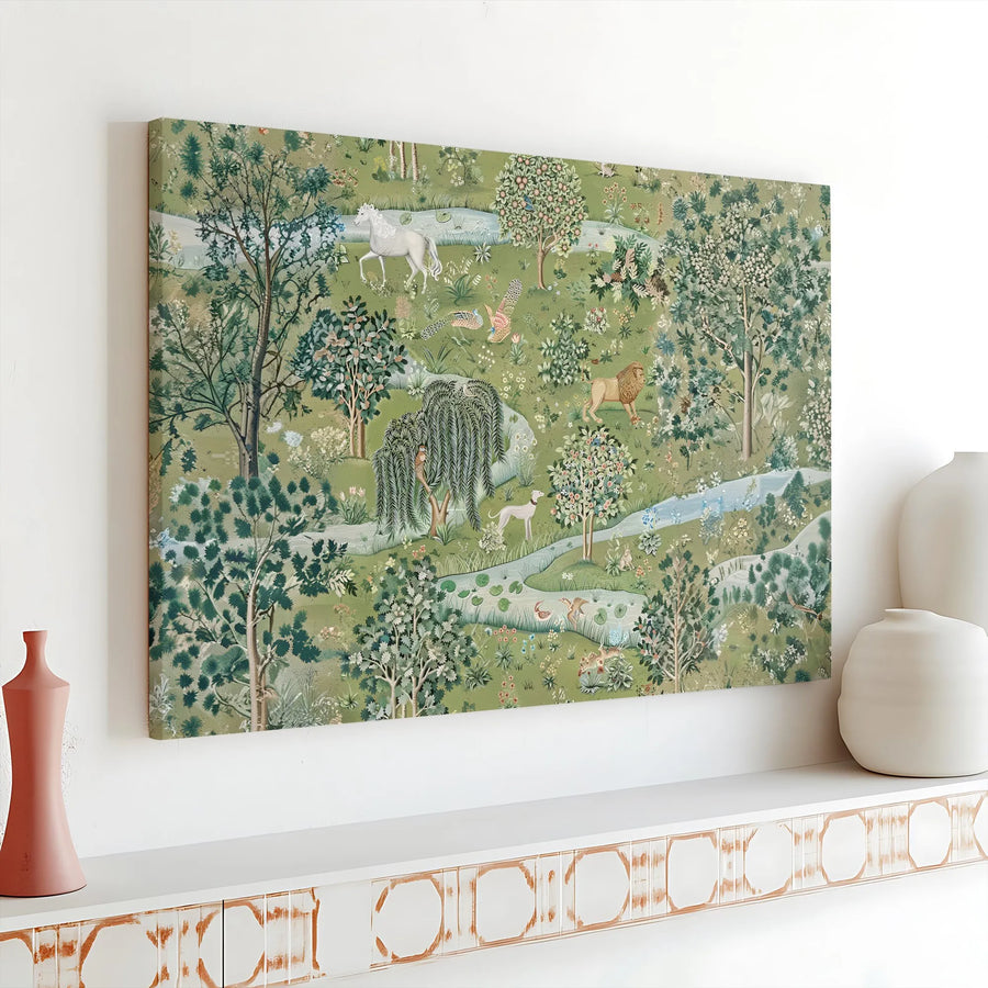 Medieval Forest Canvas Print | Mythical Unicorn and Lion Gallery Wrap | Premium Stretched Art | Classic Home Decor Wall Art