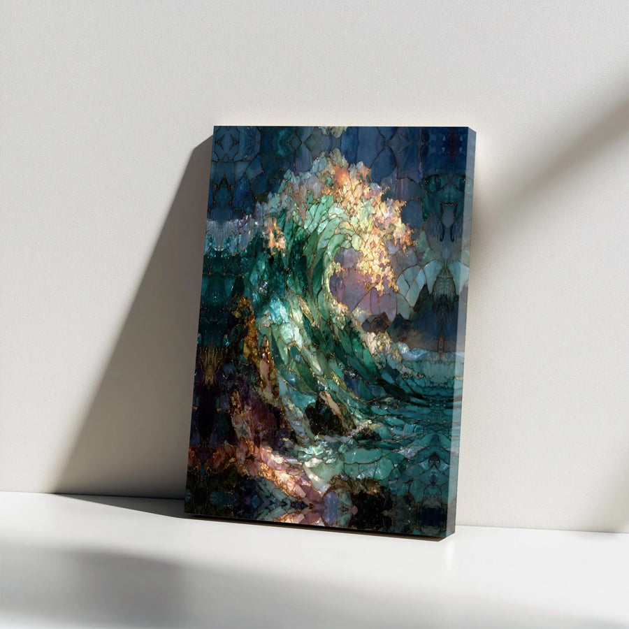 Abstract Ocean Wave Canvas Print | Stained Glass Mosaic Wall Art | Premium Gallery Wrapped Decor | Modern Coastal Home Office Wall Hanging