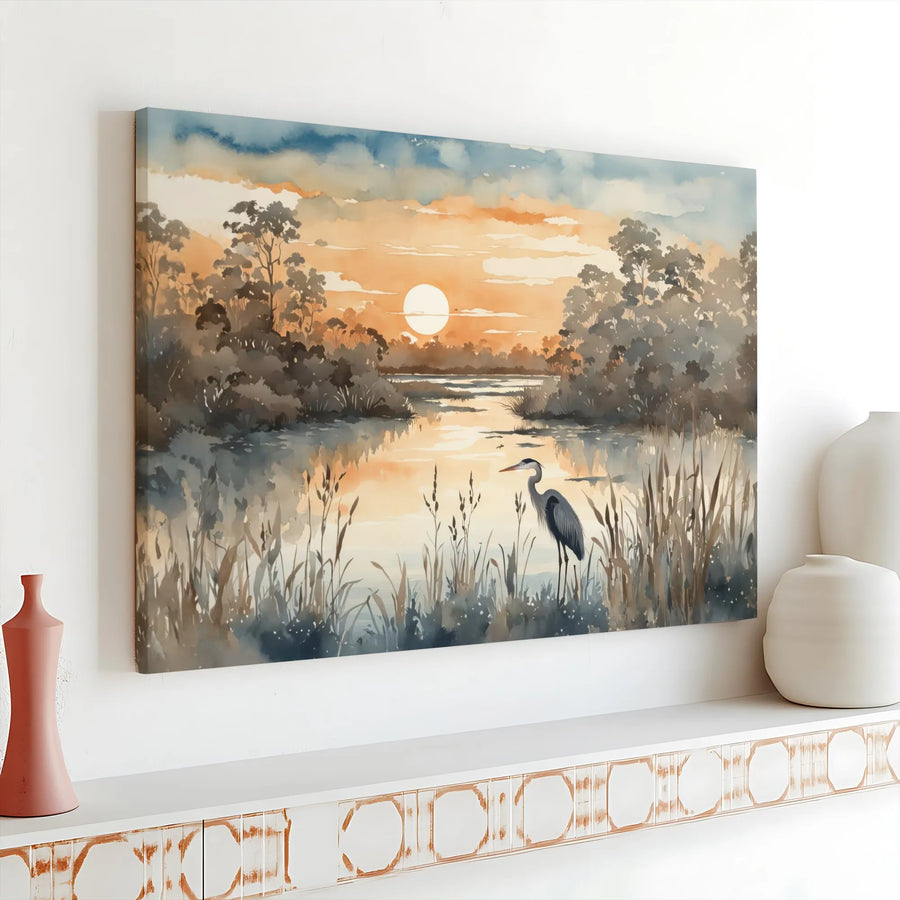 Great Blue Heron Canvas Wall Art | Watercolor Marsh Sunset Print | 1.25 Inch Gallery Wrap | Premium Nature Decor for Home Office
