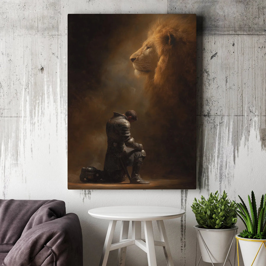 Lion of Judah and Knight Vertical Canvas | Inspirational Christian Faith Art | High-Quality Frameless Print | Religious Home Decor Gift for Men