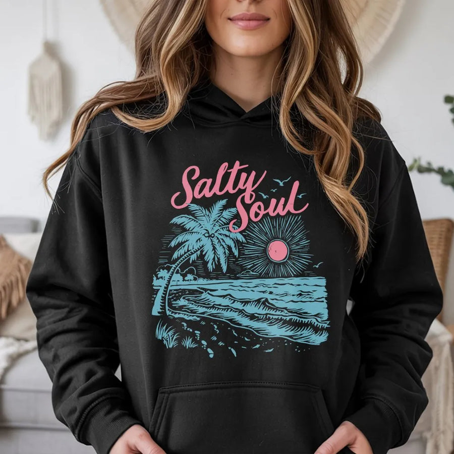 Salty Soul Hoodie | Retro Summer Beach Graphic | Premium Cotton Blend Pullover | Tropical Vacation Gift for Beach Lovers