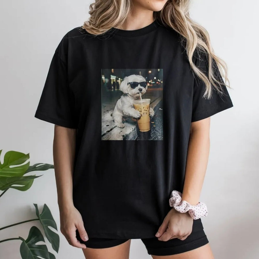Funny Maltese Dog T-Shirt | Dog with Sunglasses Drinking Coffee | Soft Unisex Pullover | Premium Gift for Dog Mom & Coffee Lover